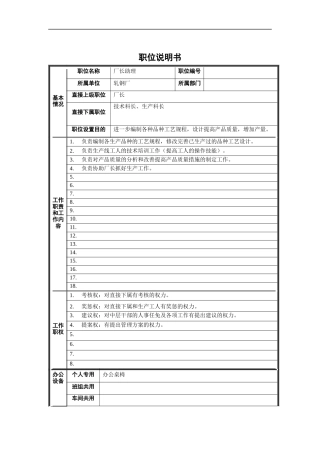 轧钢厂（工艺）厂长助理岗位说明书