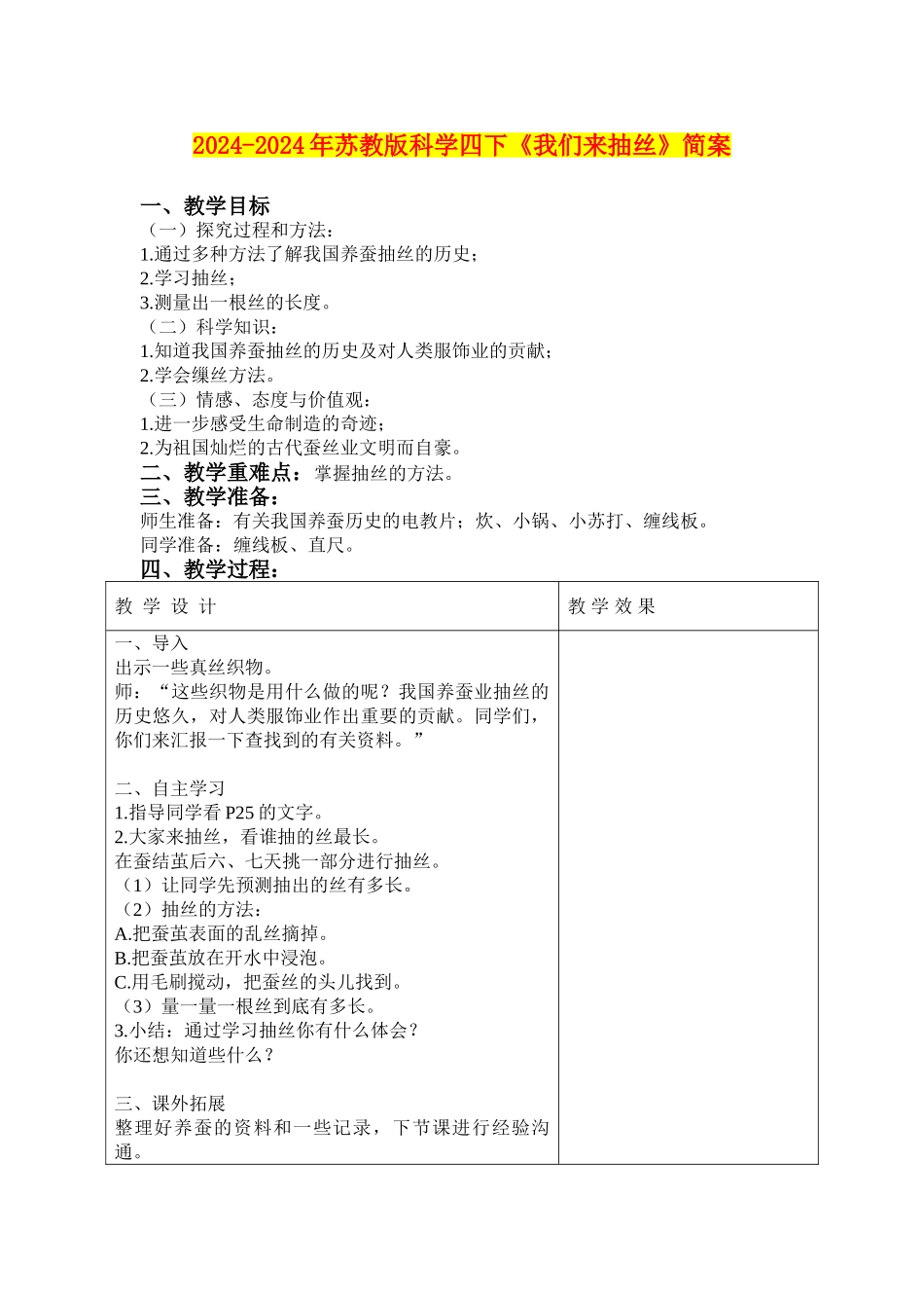2024-2024年苏教版科学四下《我们来抽丝》简案_第1页