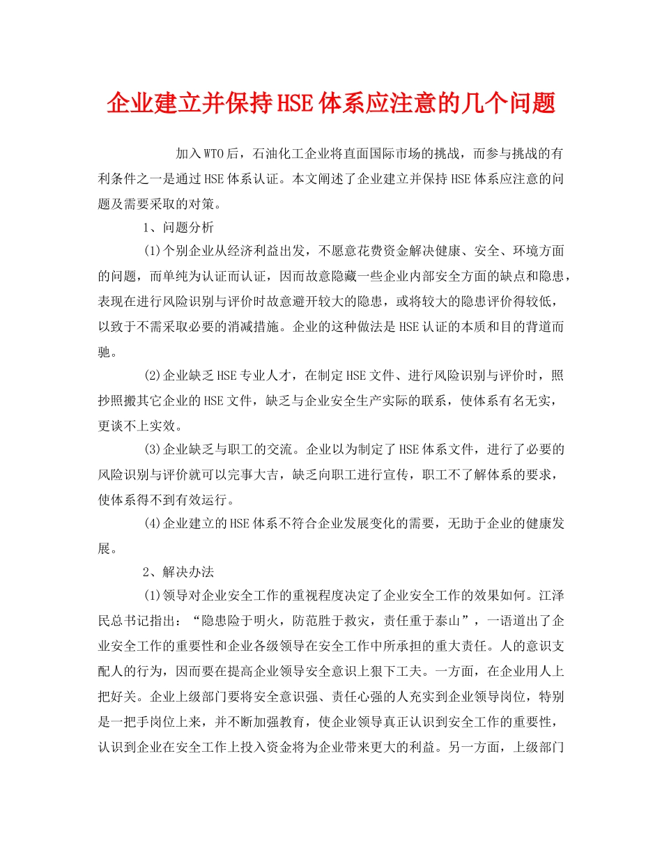 《管理体系》之企业建立并保持HSE体系应注意的几个问题 _第1页