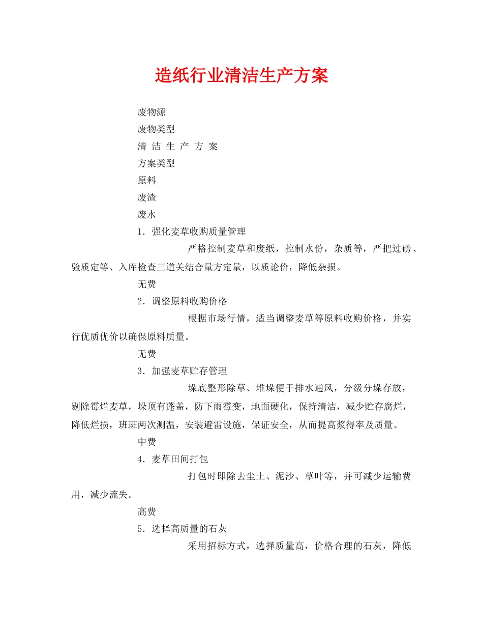 《安全管理资料》之造纸行业清洁生产方案 _第1页