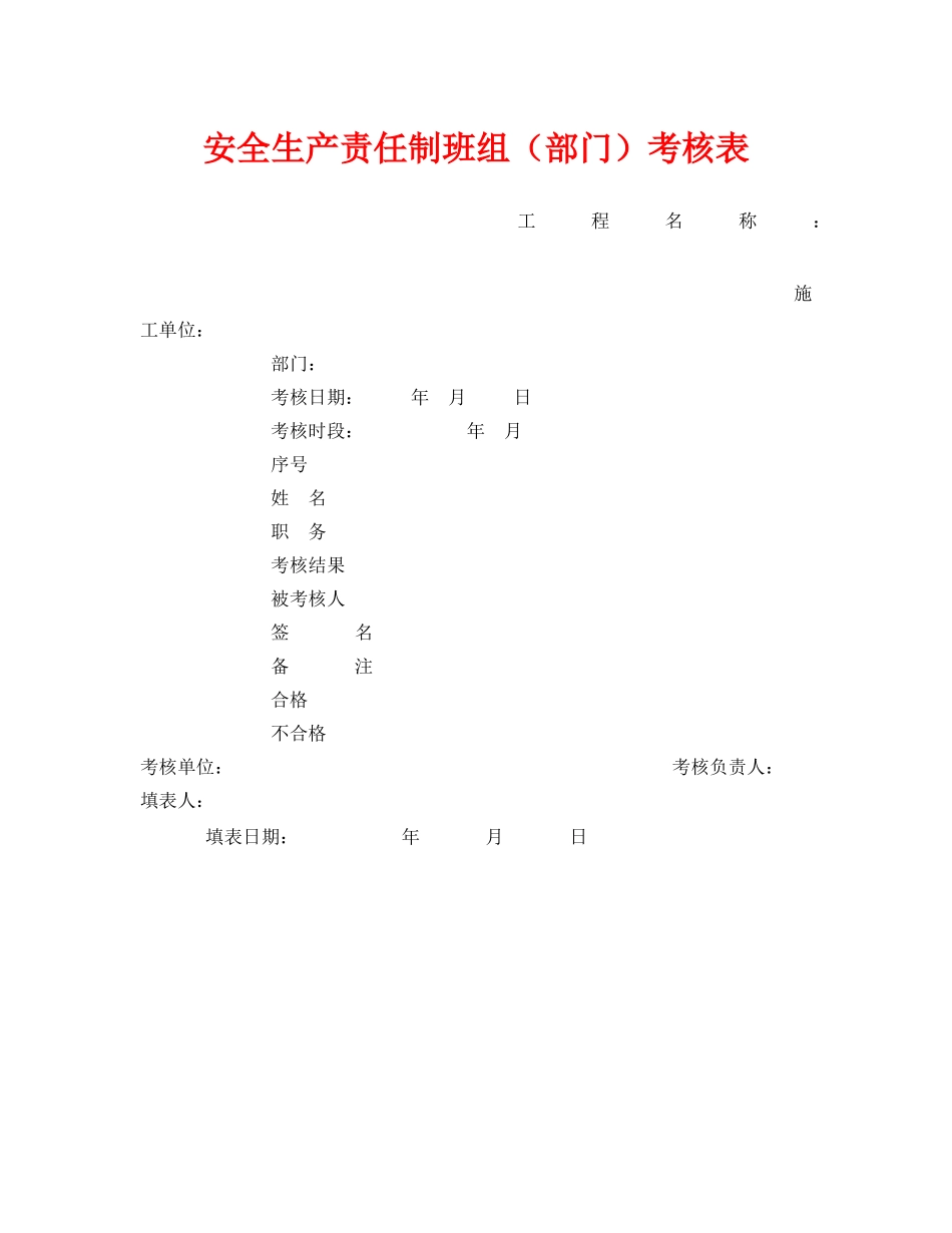 《安全管理资料》之安全生产责任制班组（部门）考核表 _第1页