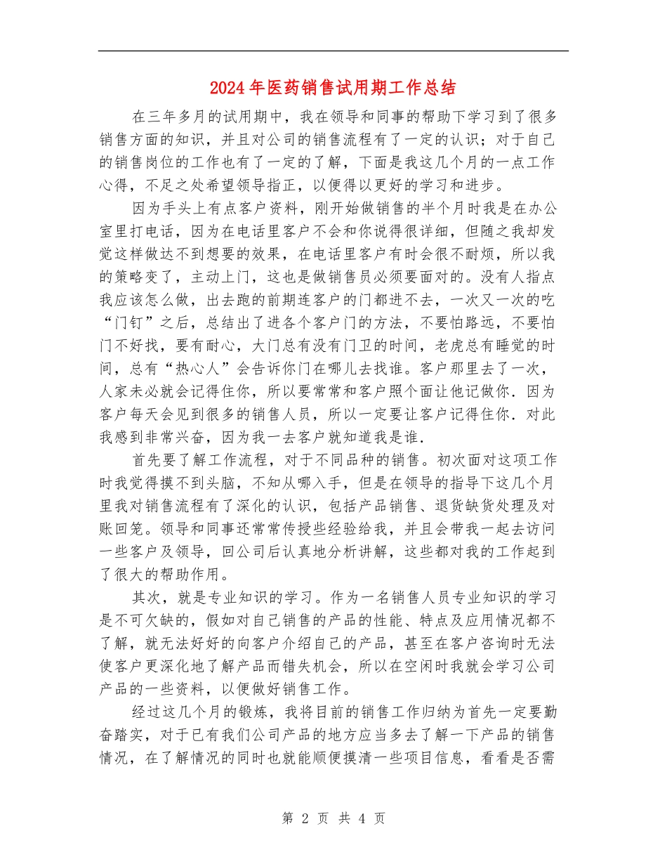 2024年医药销售试用期工作总结_第2页