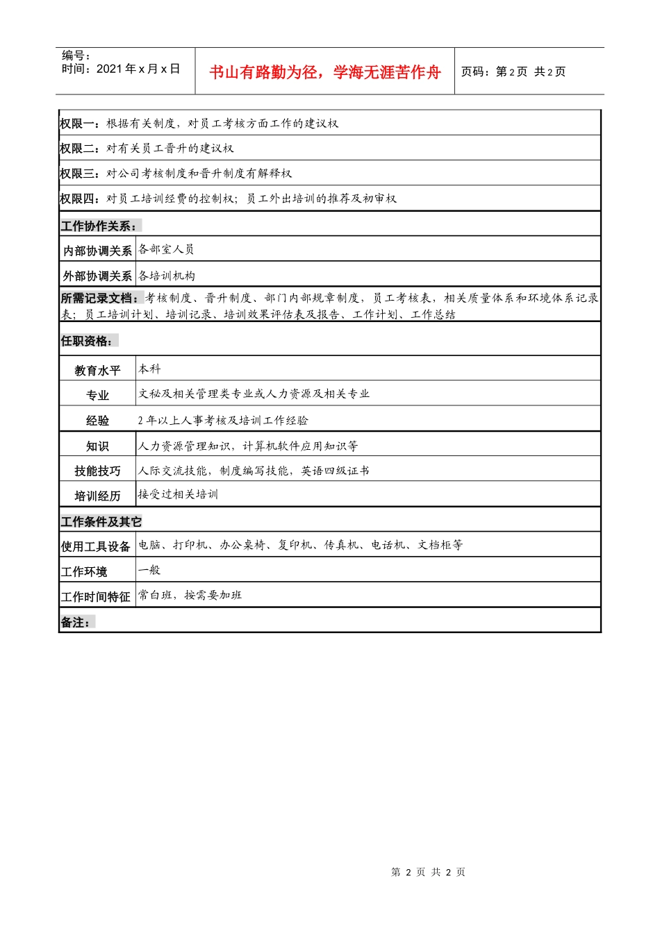 某知名光电企业考核专管员岗位说明书_第2页
