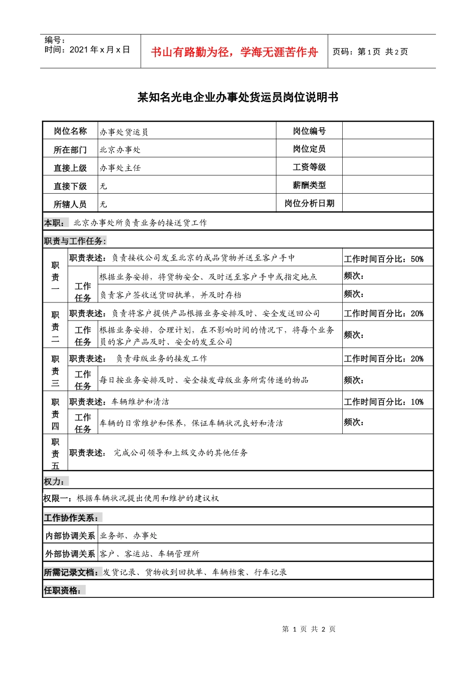 某知名光电企业办事处货运员岗位说明书_第1页