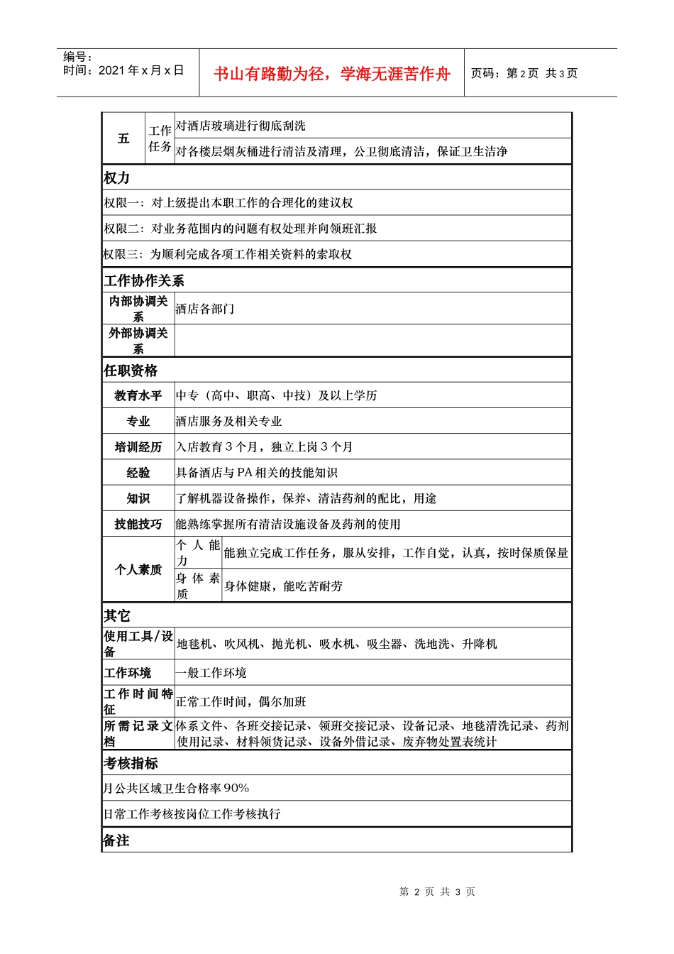 房务部pa分部夜班清洁员岗位说明书_第2页