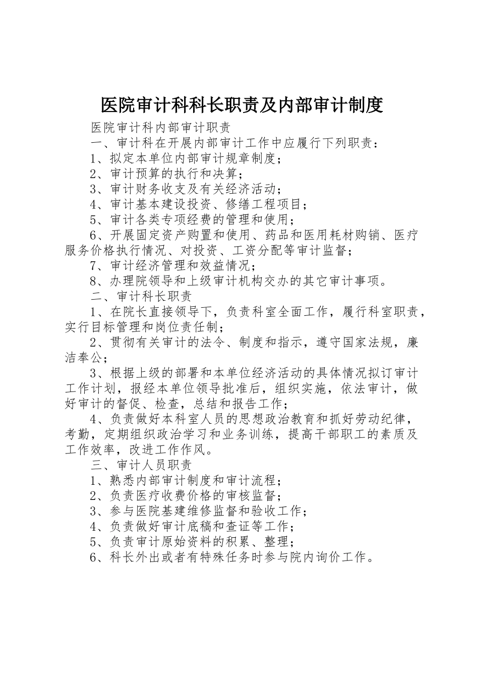 医院审计科科长职责要求及内部审计规章制度细则_第1页