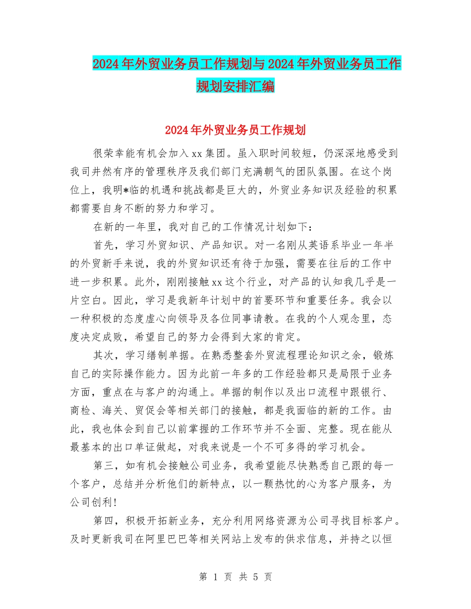 2024年外贸业务员工作规划与2024年外贸业务员工作规划安排汇编_第1页