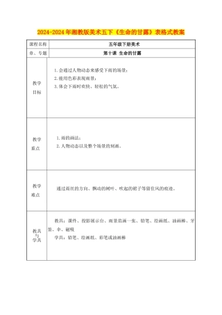 2024-2024年湘教版美术五下《生命的甘露》表格式教案