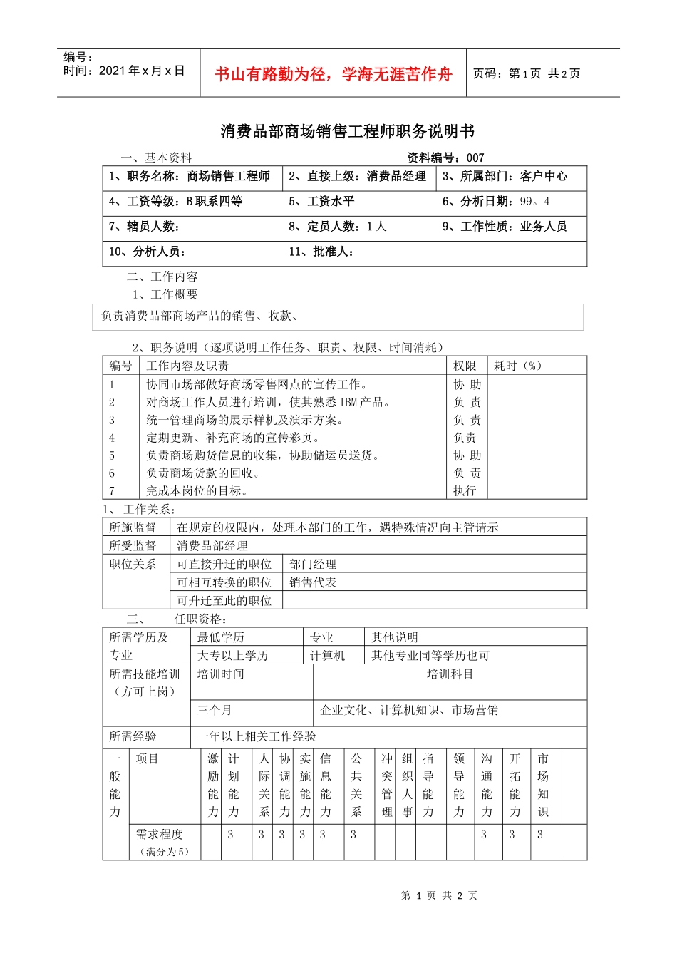 消费品部商场销售工程师职务说明书_第1页