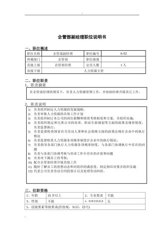 钢铁行业-企管部副经理岗位说明书