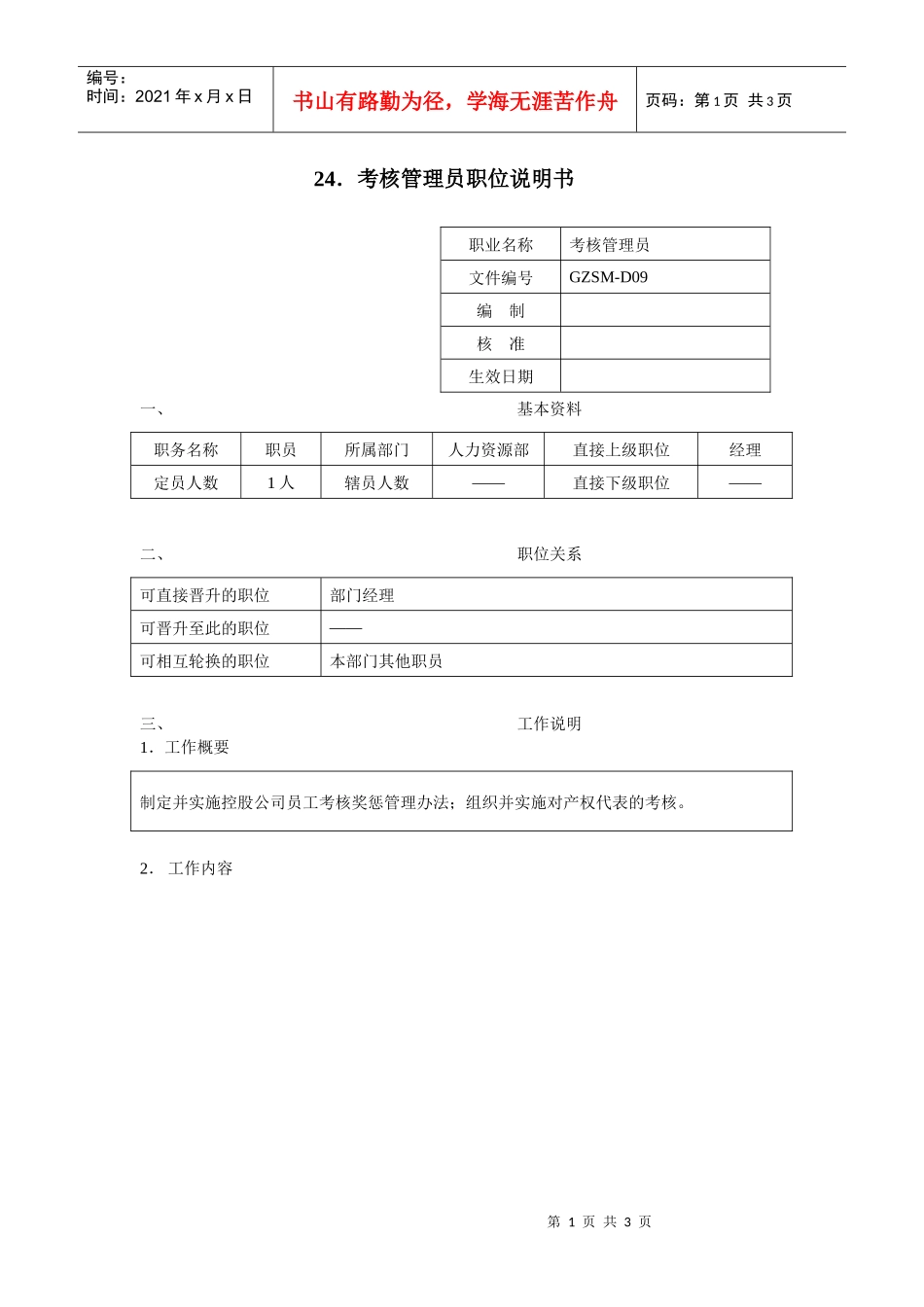 考核管理员职位说明书_第1页