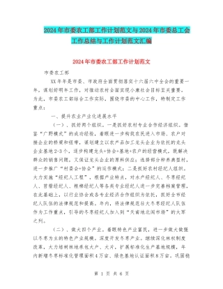 2024年市委农工部工作计划范文与2024年市委总工会工作总结与工作计划范文汇编