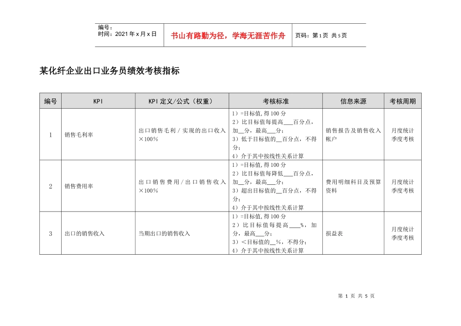 某化纤企业出口业务员绩效考核指标_第1页