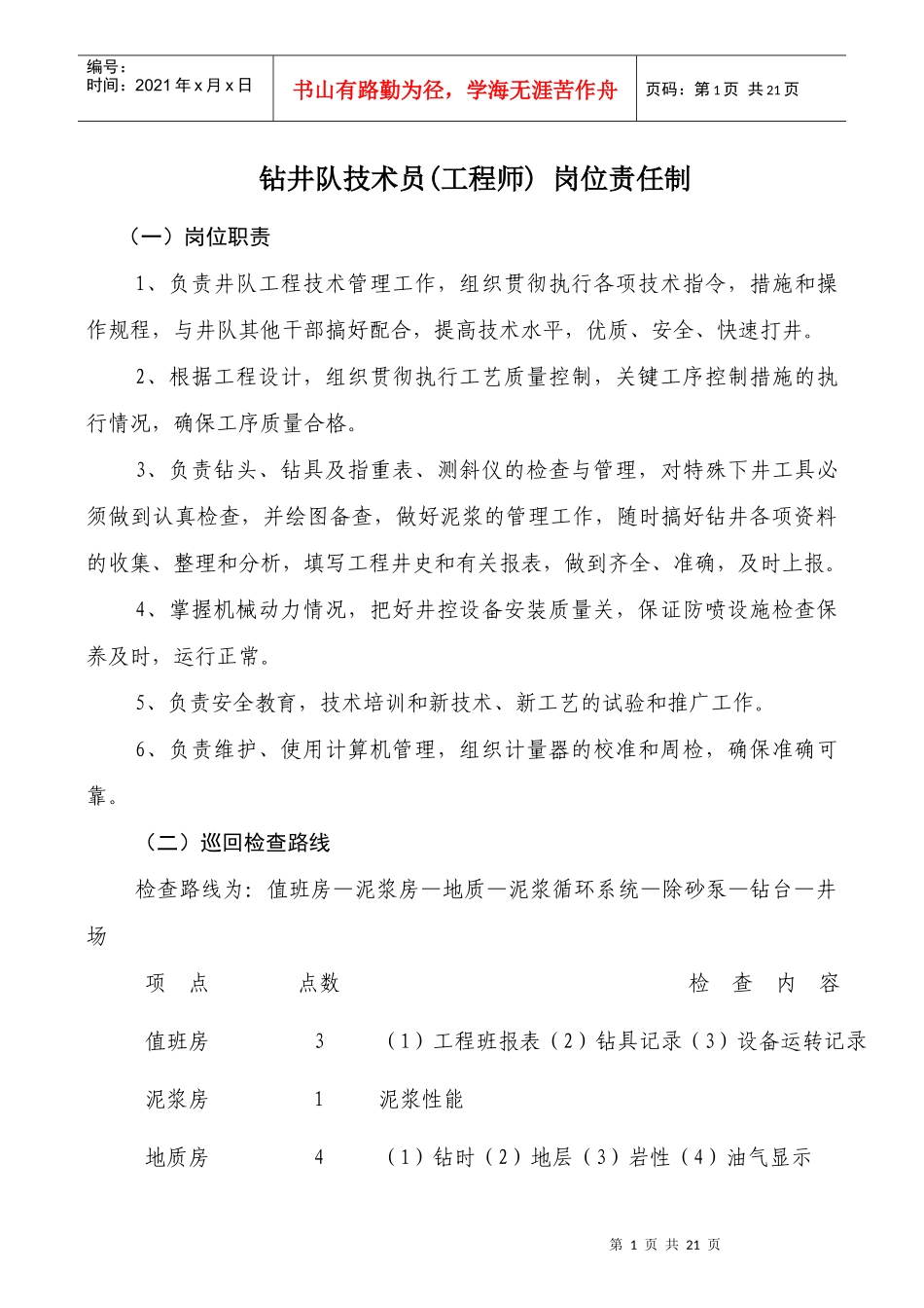 钻井队技术员工程师岗位责任制_第1页