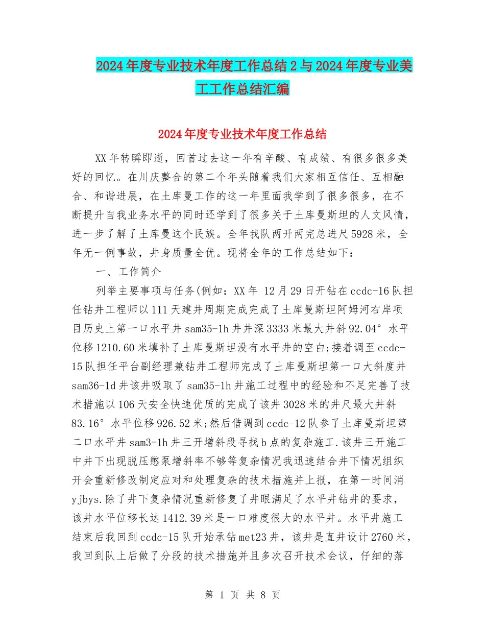 2024年度专业技术年度工作总结2与2024年度专业美工工作总结汇编_第1页
