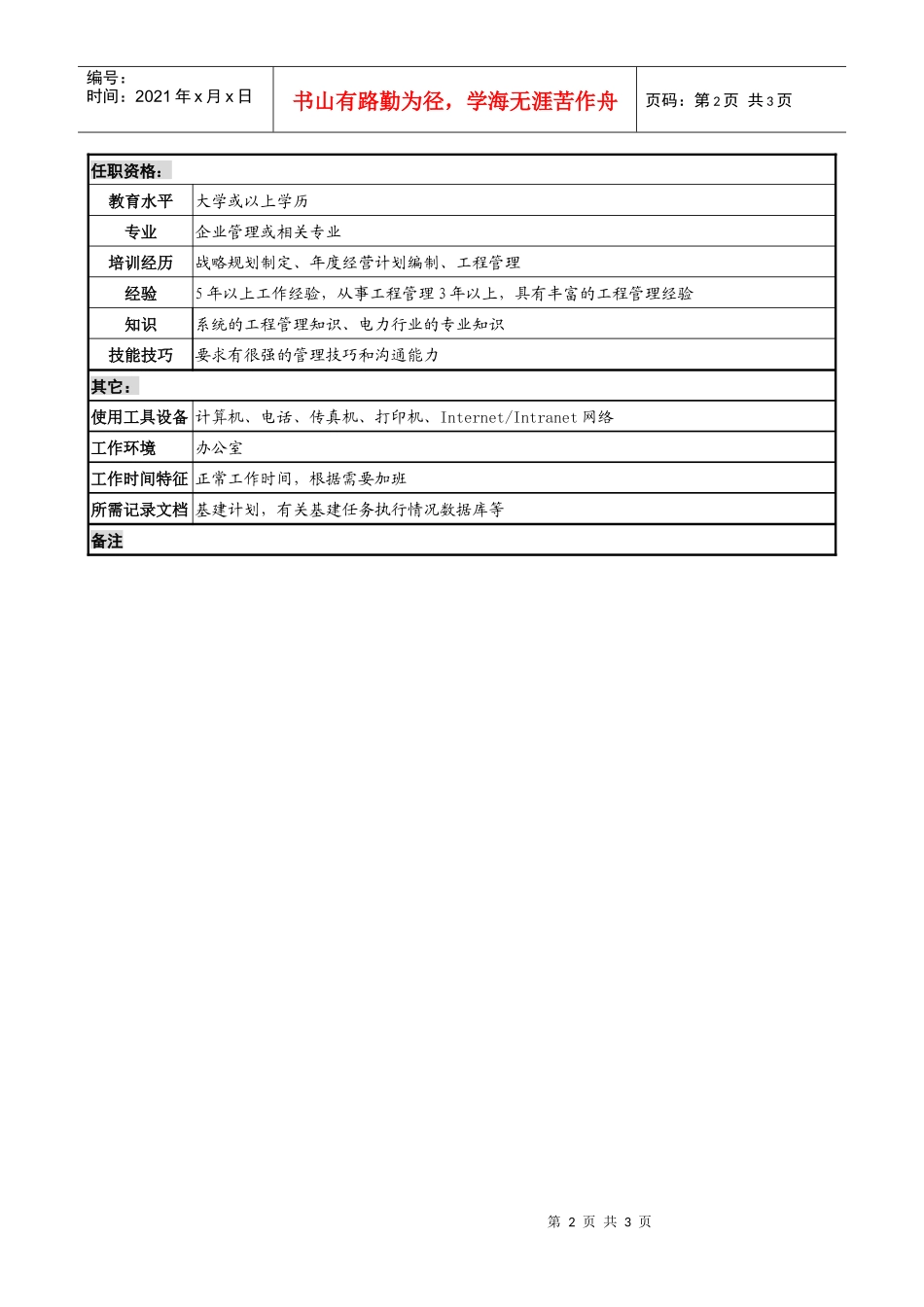 某发电企业综合计划部基建计划职务说明书_第2页