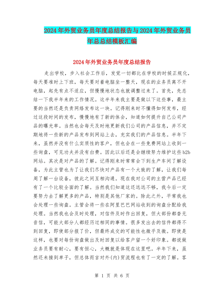 2024年外贸业务员年度总结报告与2024年外贸业务员年总总结模板汇编_第1页