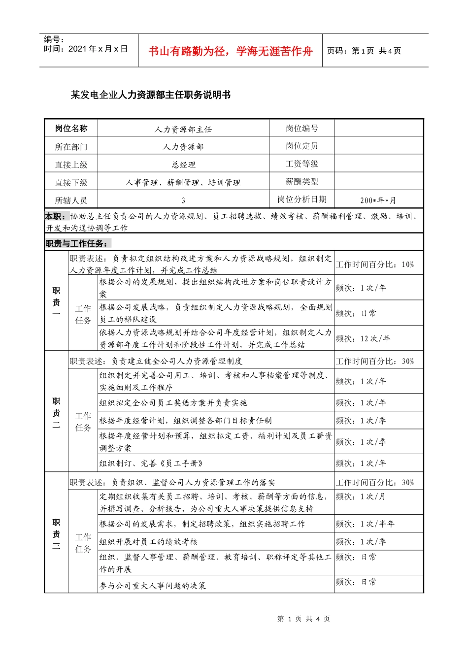 某发电企业人力资源部主任职务说明书._第1页