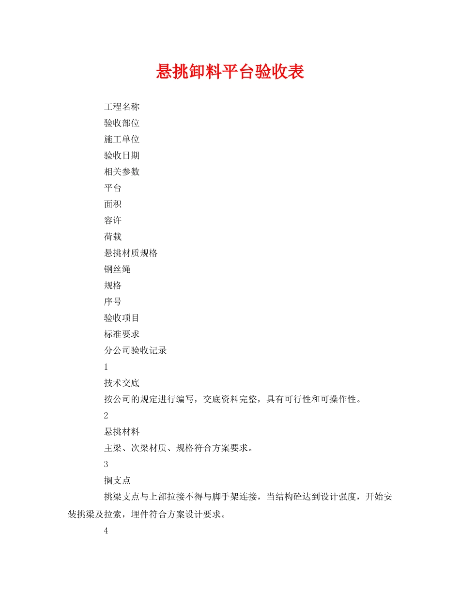 《安全管理资料》之悬挑卸料平台验收表 _第1页