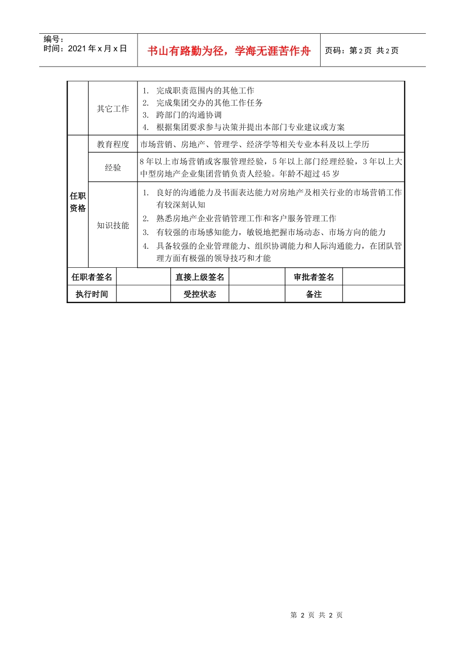 莱茵达公司房地产集团副总经理职位说明书_第2页