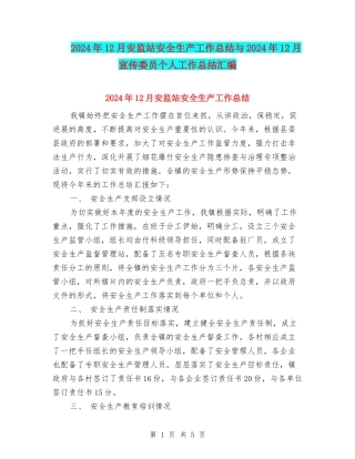 2024年12月安监站安全生产工作总结与2024年12月宣传委员个人工作总结汇编