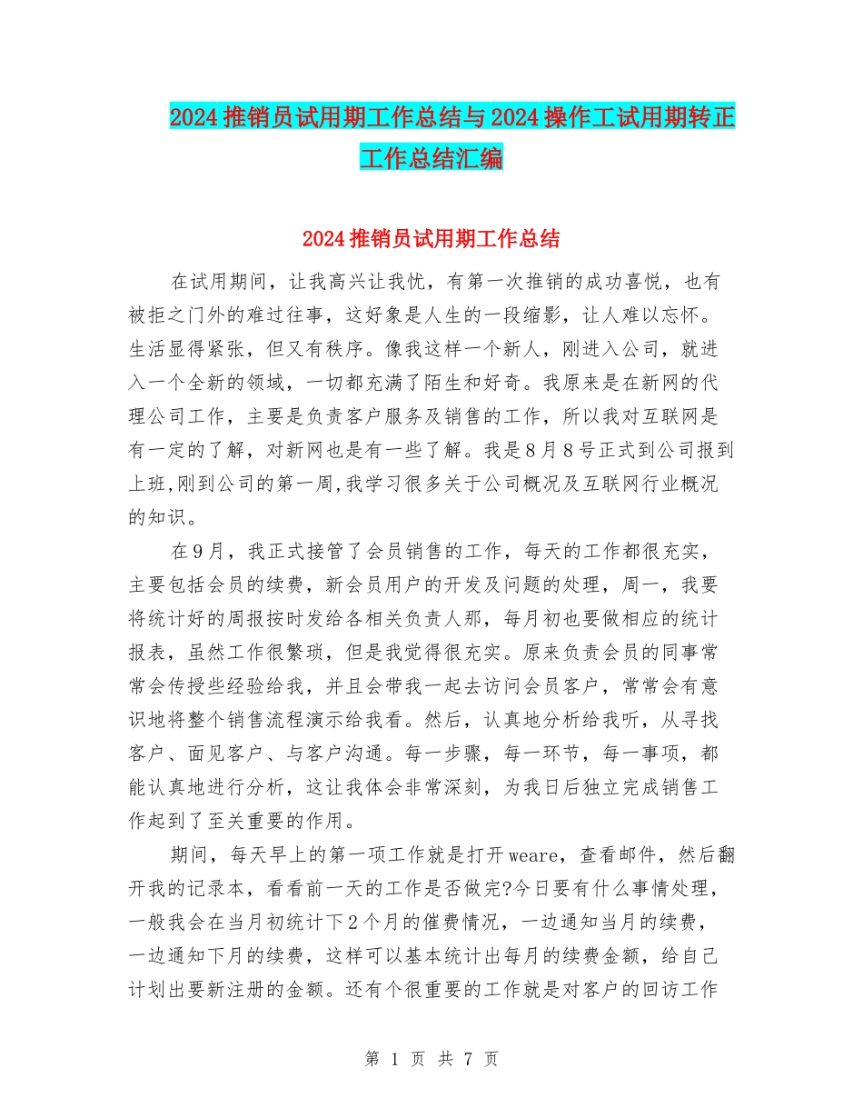 2024推销员试用期工作总结与2024操作工试用期转正工作总结汇编_第1页