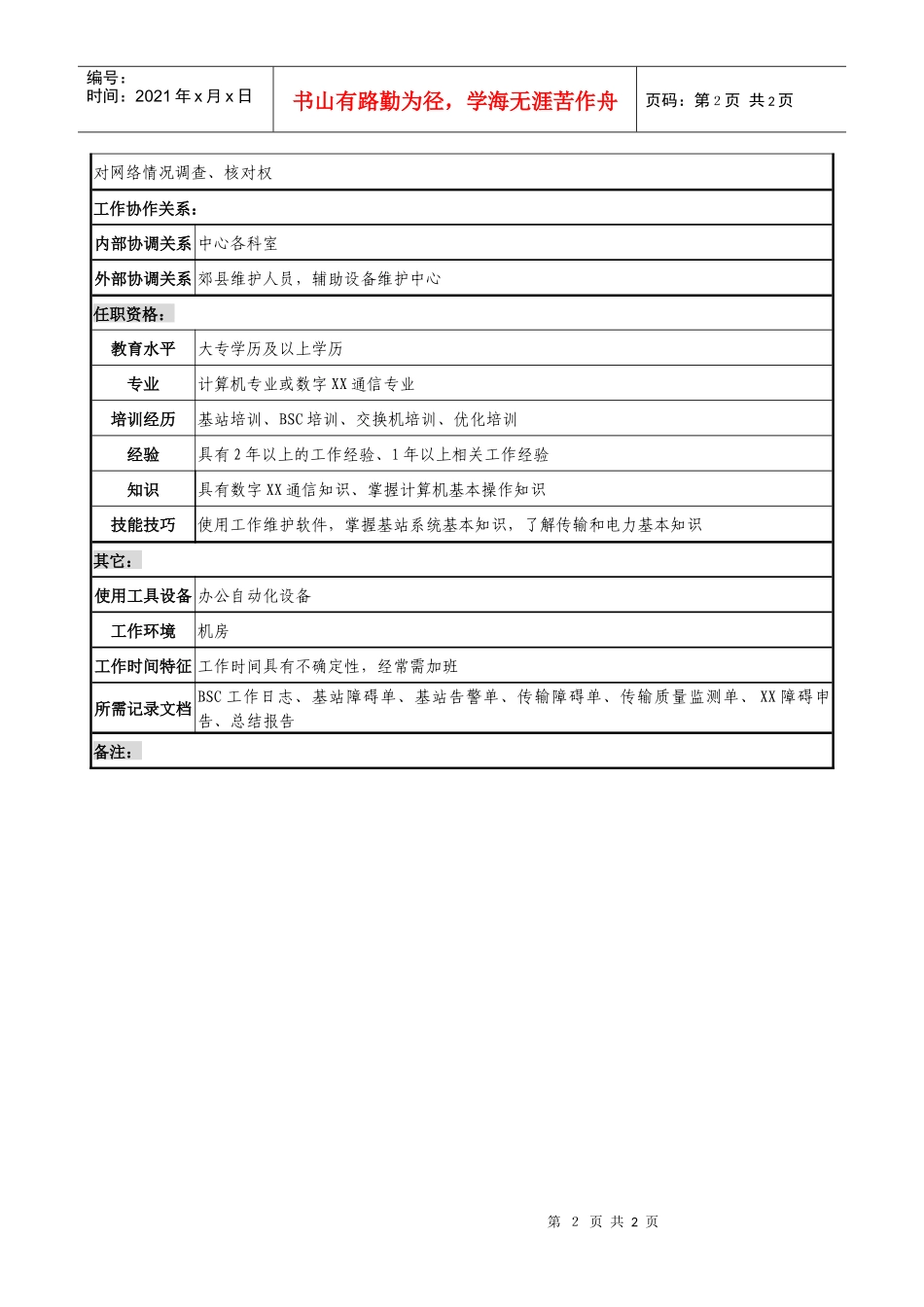 通信行业-省会运维中心基站室-BSC维护班机务员岗位说明书_第2页