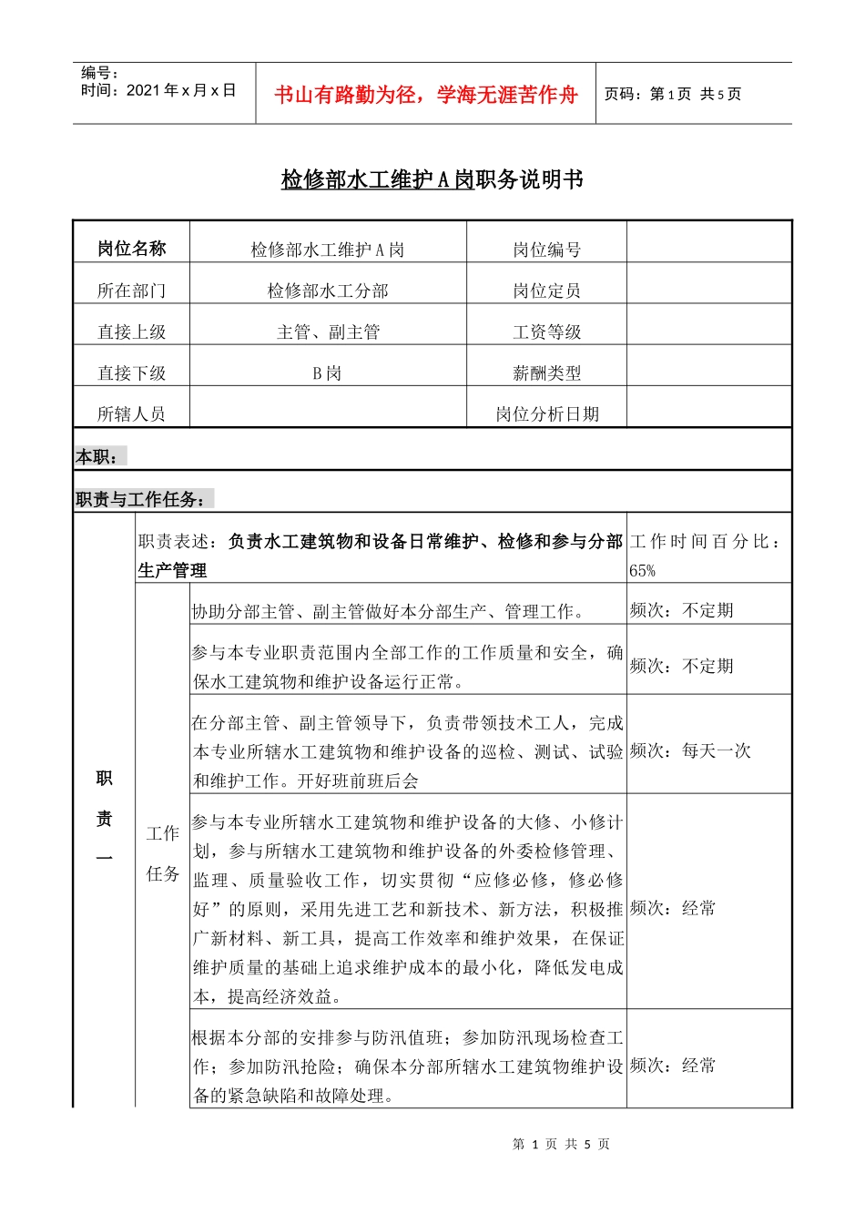 检修部水工维护A岗职务说明书_第1页