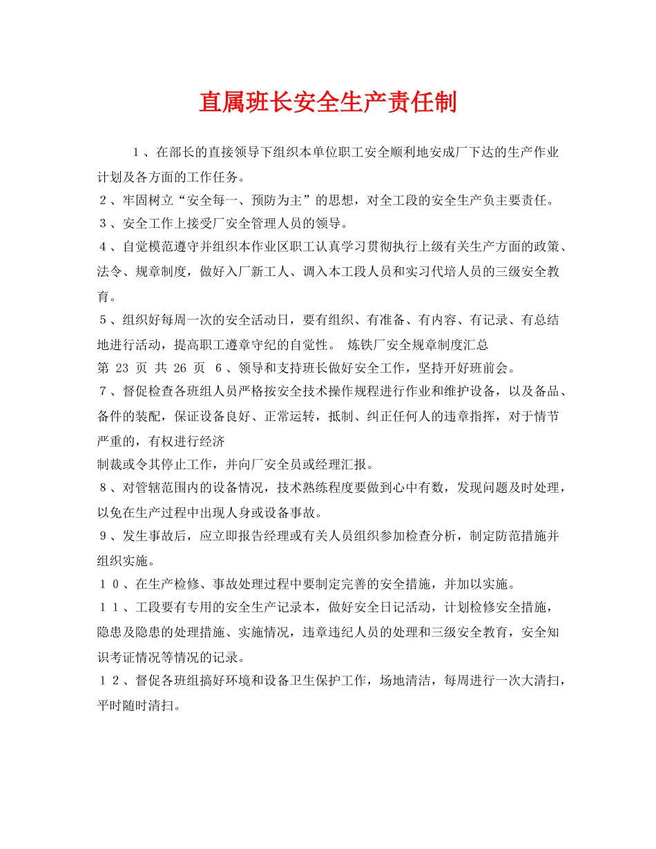 《安全管理制度》之直属班长安全生产责任制 _第1页