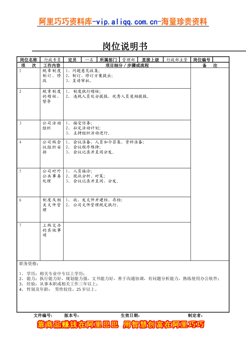 行政专员岗位说明书_第1页