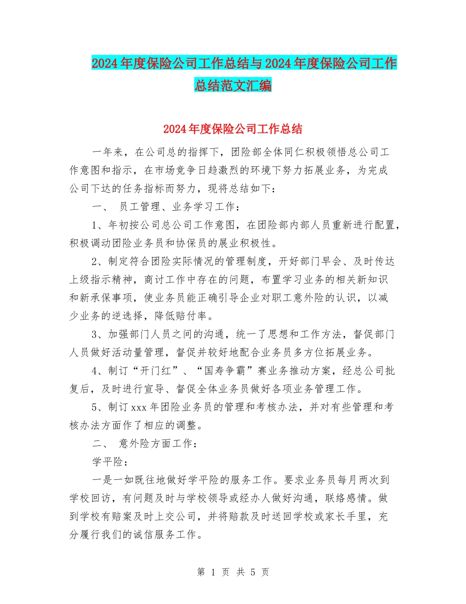 2024年度保险公司工作总结与2024年度保险公司工作总结范文汇编_第1页