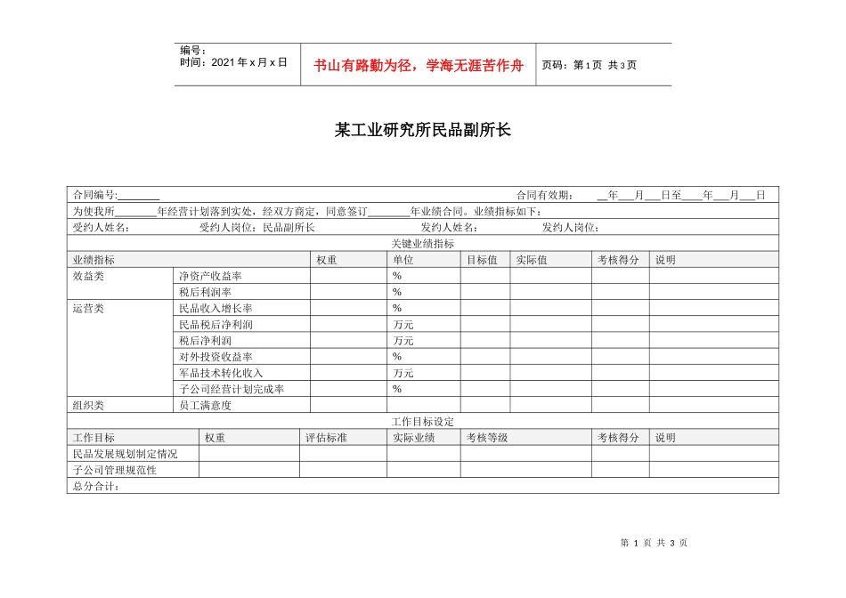 某工业研究所民品副所长绩效考核指标_第1页