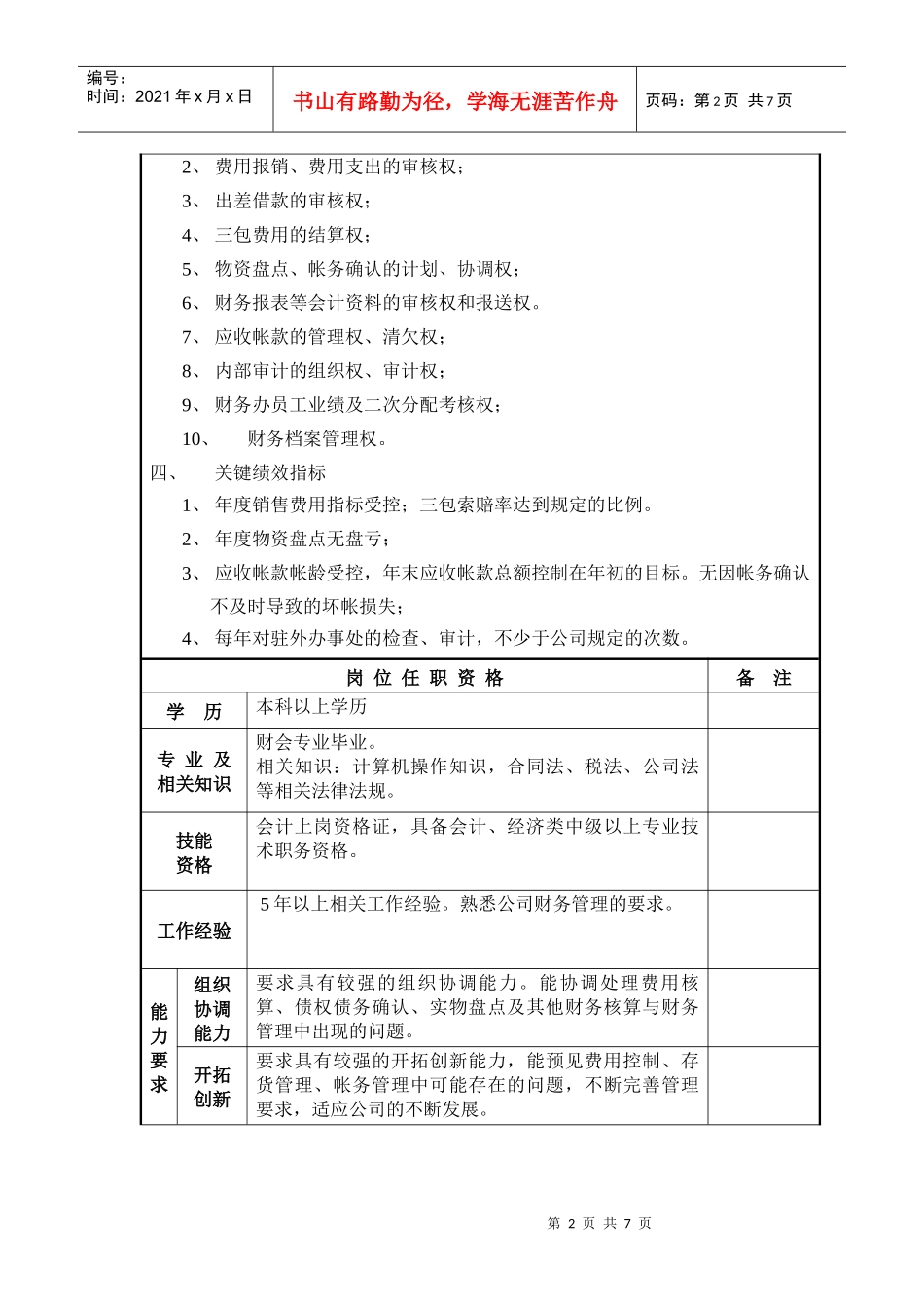 无定额岗位工作说明书(财务办主任)_第2页