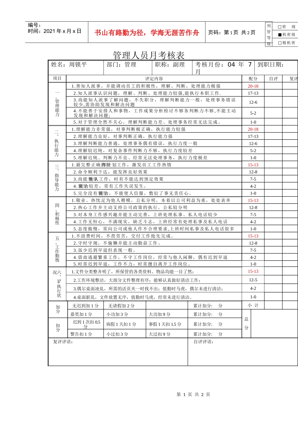 管理人员考核表_第1页
