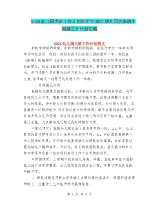 2024幼儿园大班工作计划范文与2024幼儿园大班幼小衔接工作计划汇编