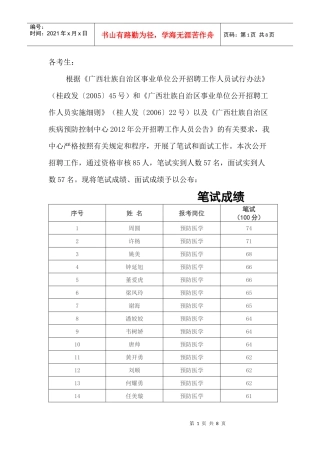 广西区疾控XXXX年公招人员成绩公布