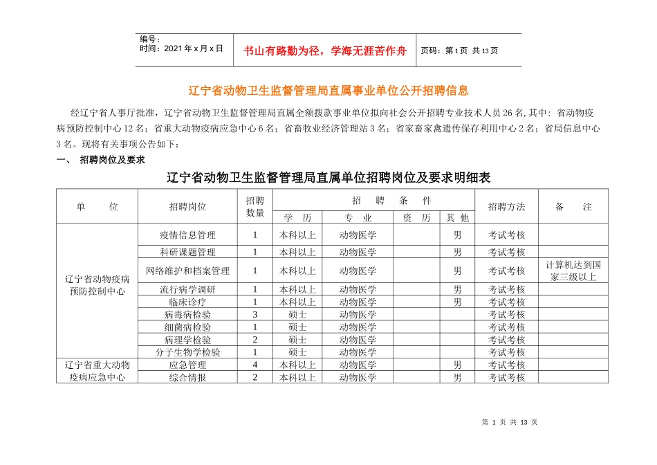 辽宁省动物卫生监督管理局直属事业单位公开招聘信息_第1页