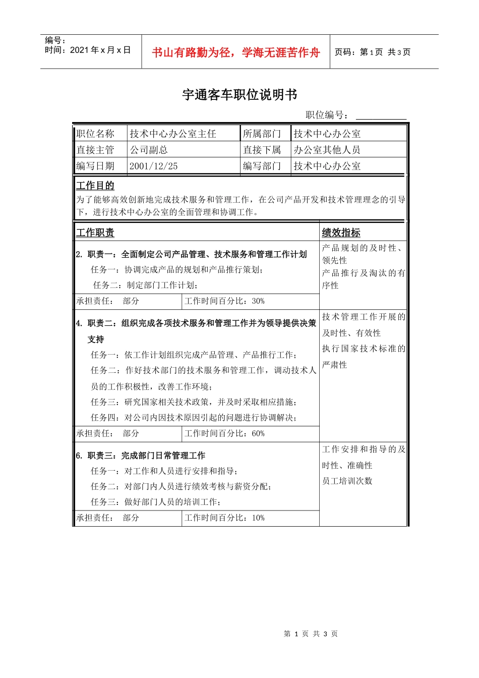 技术中心办公室主任职位说明书_第1页