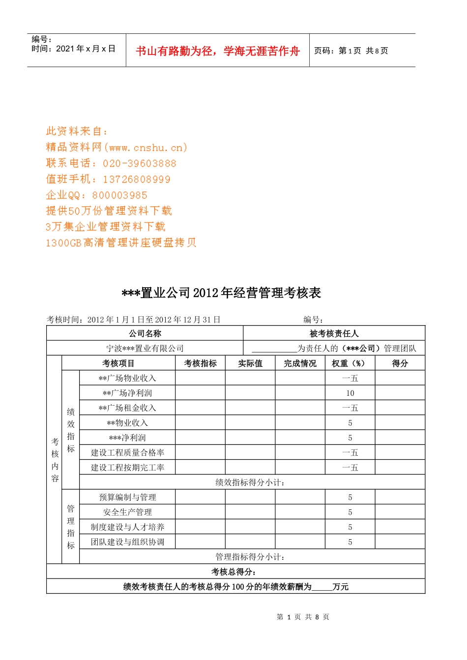 某置业公司经营管理考核表_第1页