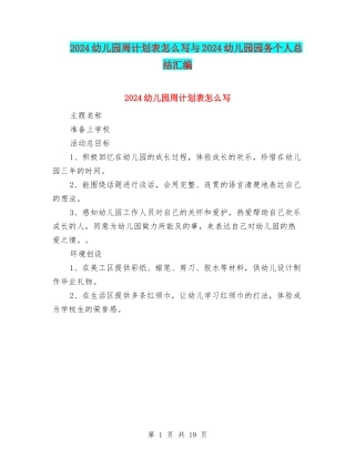2024幼儿园周计划表怎么写与2024幼儿园园务个人总结汇编