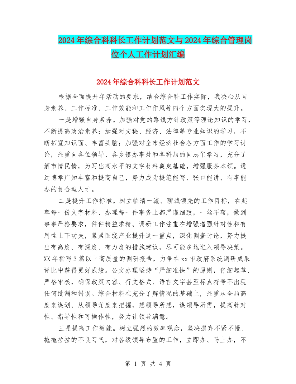 2024年综合科科长工作计划范文与2024年综合管理岗位个人工作计划汇编_第1页