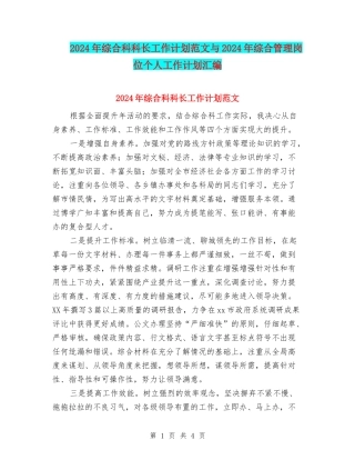 2024年综合科科长工作计划范文与2024年综合管理岗位个人工作计划汇编