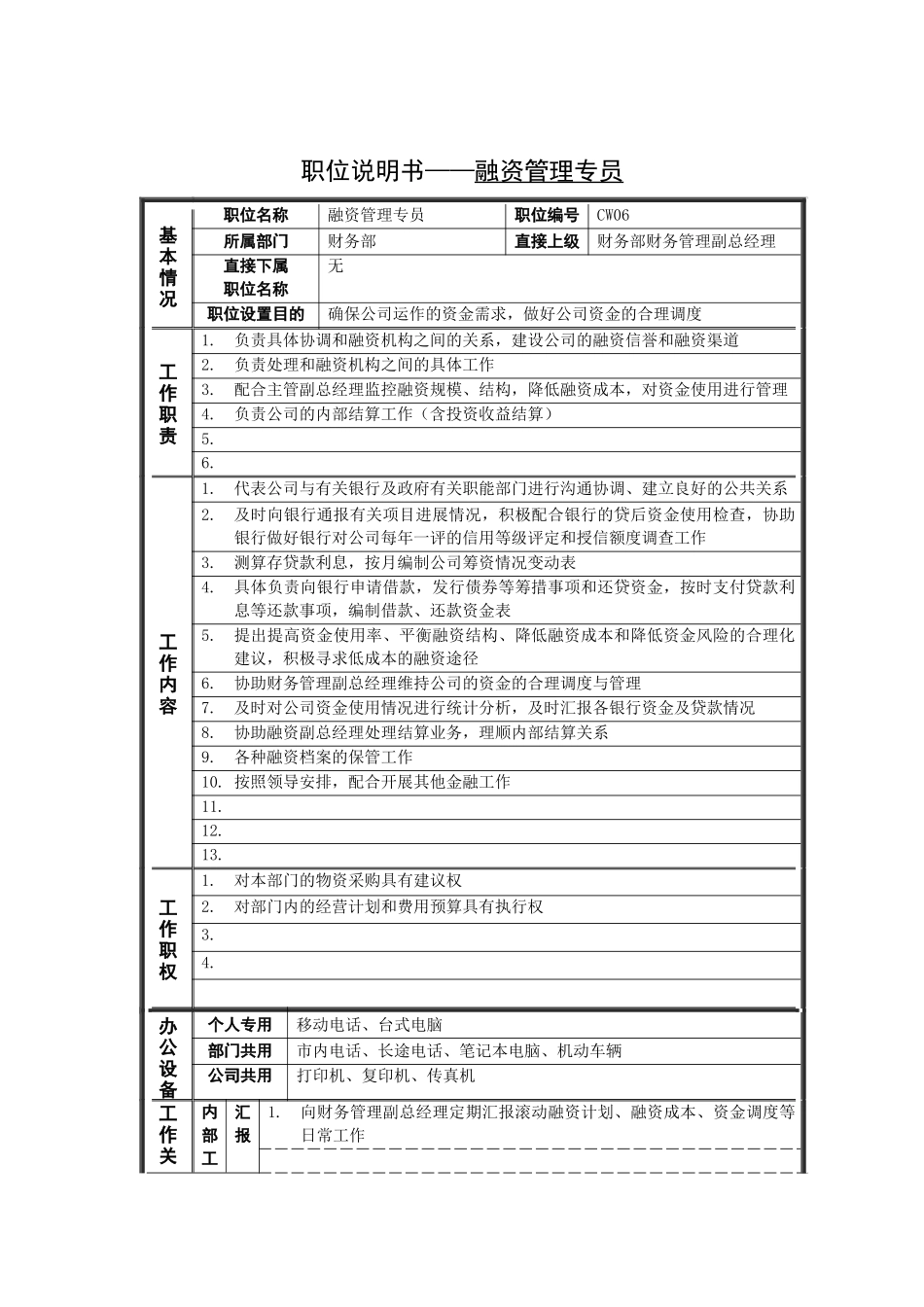 职位说明书——融资管理专员_第1页