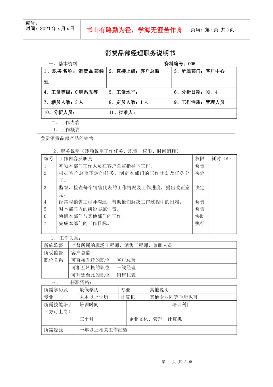 消费品部经理职务说明书_第1页