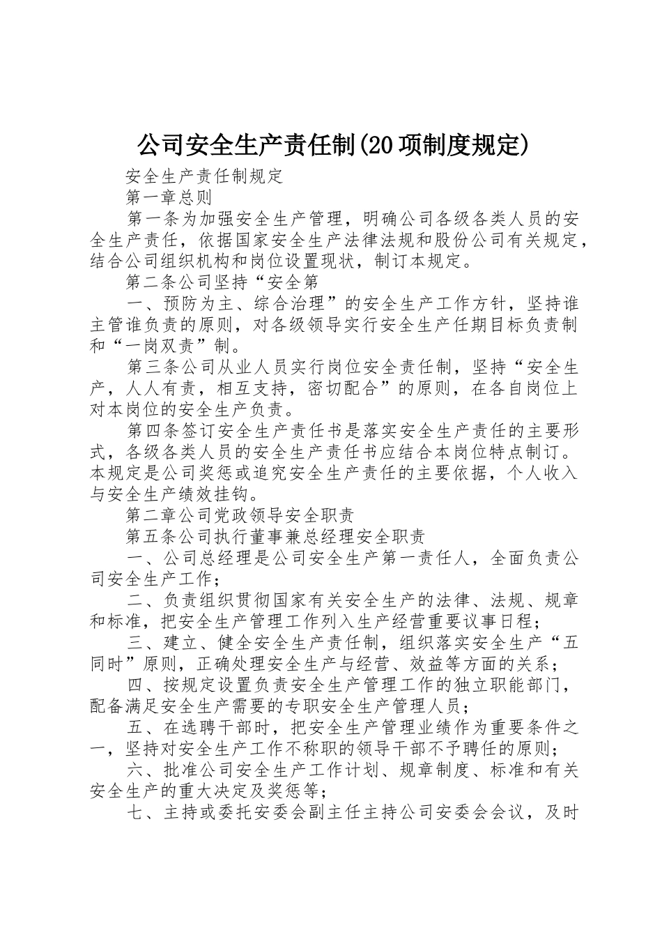公司安全生产责任制(20项规章制度规定) (3)_第1页