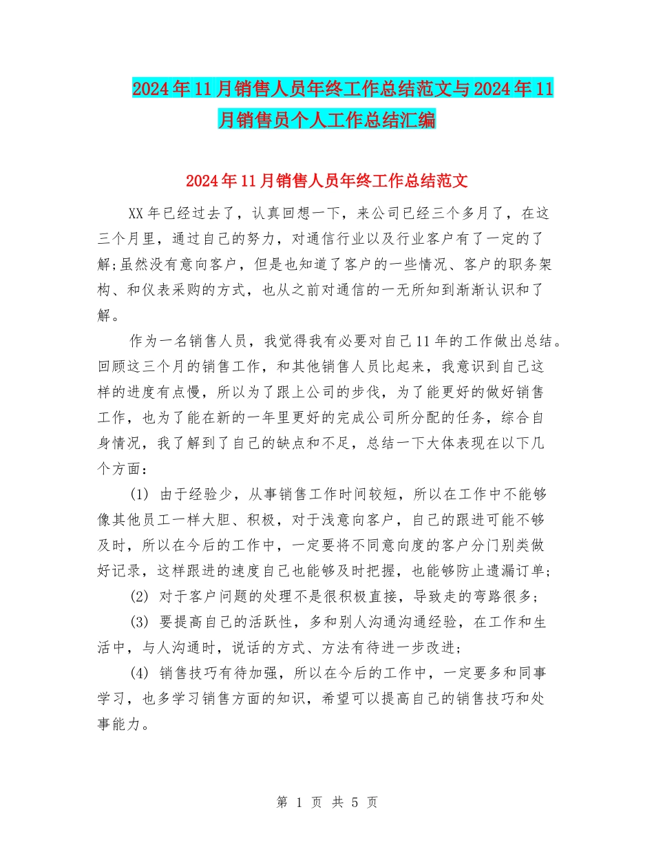 2024年11月销售人员年终工作总结范文与2024年11月销售员个人工作总结汇编_第1页