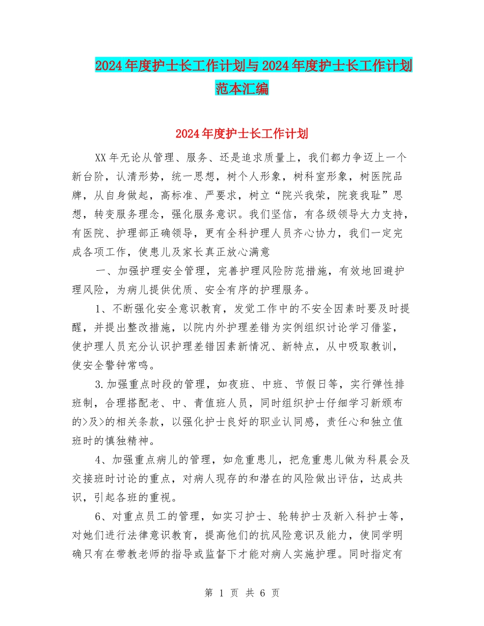2024年度护士长工作计划与2024年度护士长工作计划范本汇编_第1页
