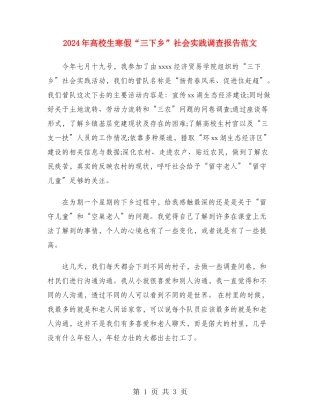 2024年大学生寒假“三下乡”社会实践调查报告范文