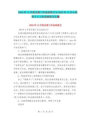 2024年12月党支部工作总结范文与2024年12月公务员个人工作总结范文汇编