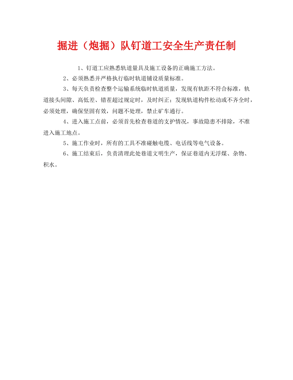 《安全管理制度》之掘进（炮掘）队钉道工安全生产责任制 _第1页
